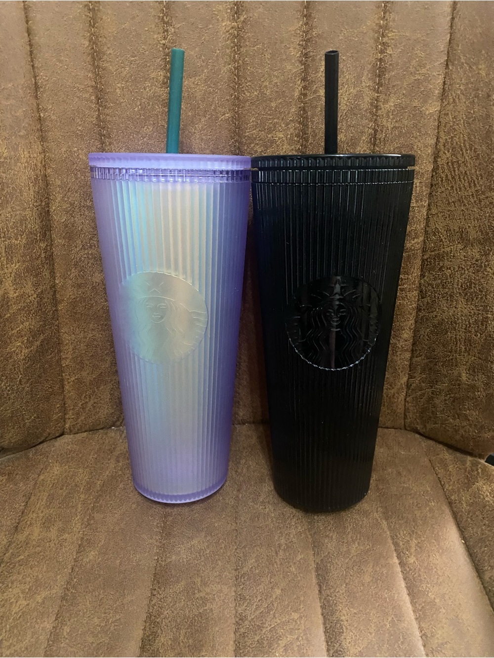 Starbucks Iridescent Lavender and Black Ribbed Cold Cups with Straws